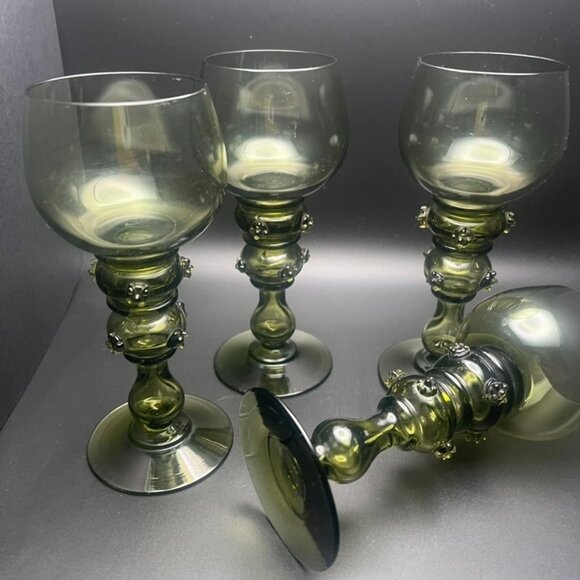 Antique Roemer Hock Hand Blown Wine Glasses Olive Green Set Of 4  Prunts Germany - Picture 2 of 10